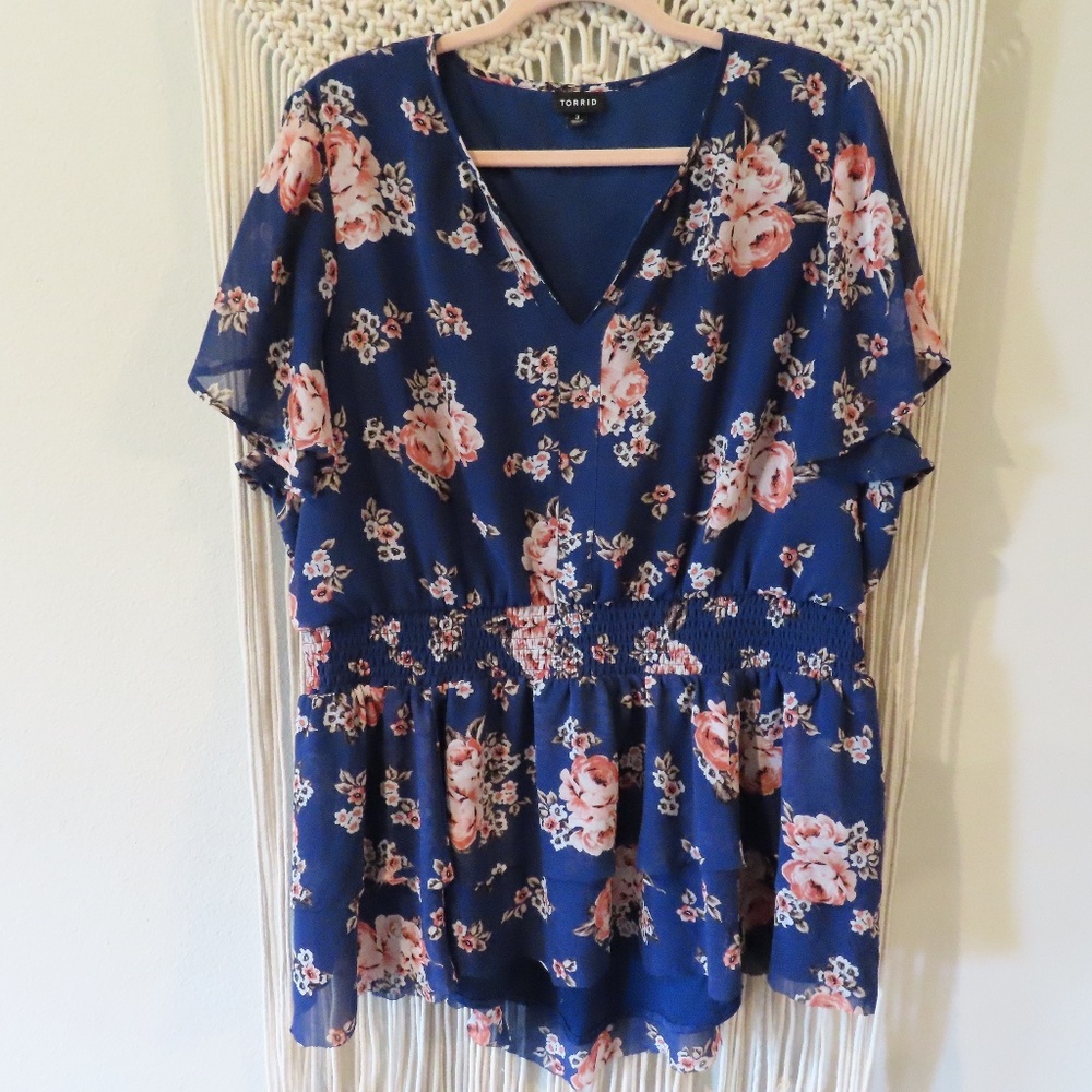 TORRID | Georgette Blue Pink Floral Flutter Babydoll Peplum Blouse